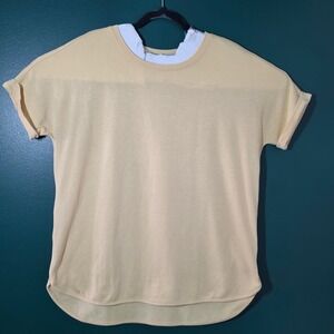 Wonderly Studio Womens Large Pale Yellow Short Sleeve Rolled Cuff Curved Hem Top